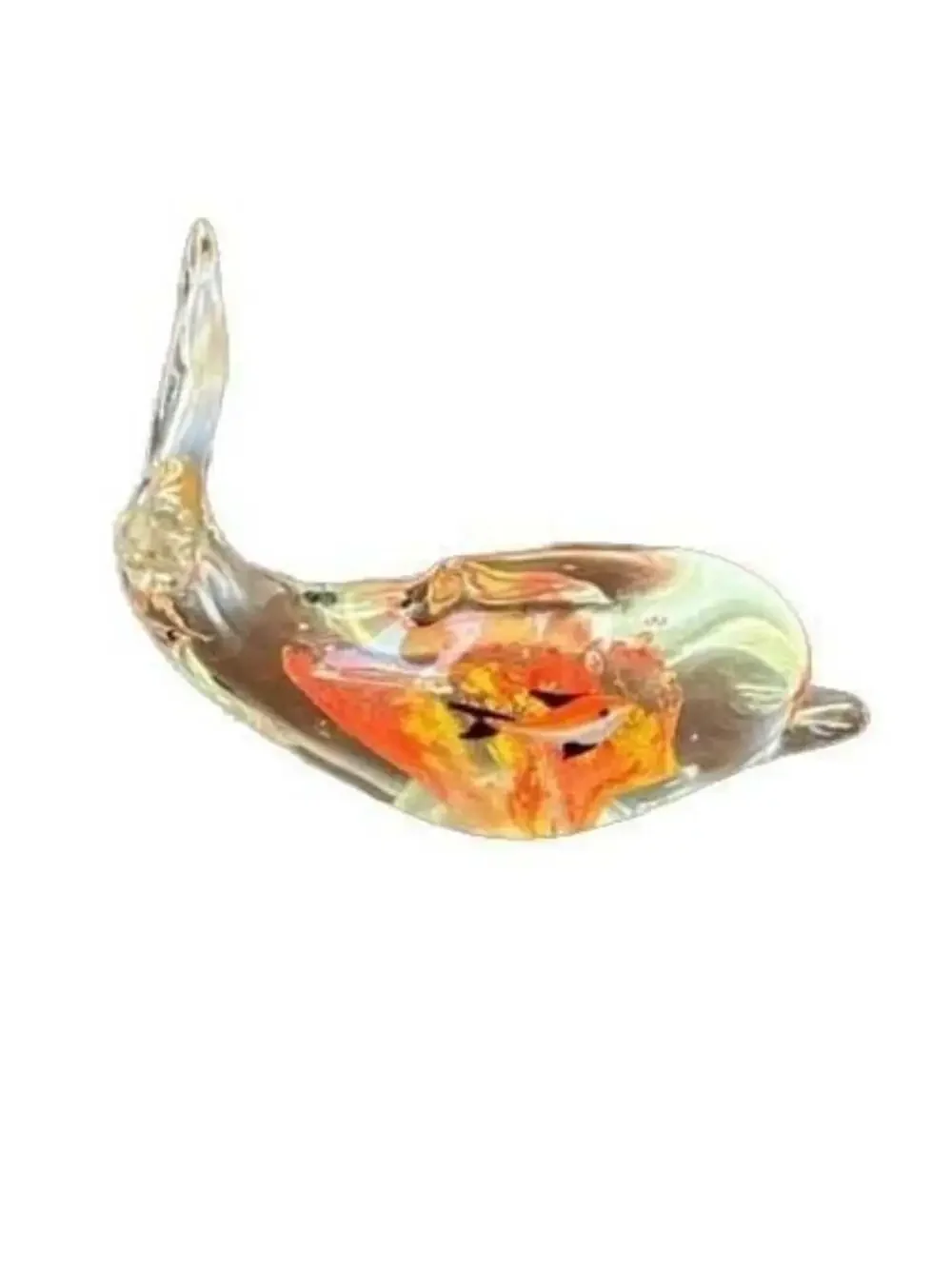 Clear Art Glass Whale Figurine Paperweight with Internal Fish and Reef Detail